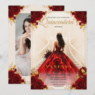 Foto Quinceanera Rot und Goldene Einladung
