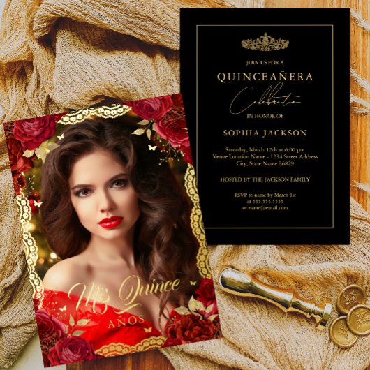 Foto Quinceanera Rote Rose Gold Lace Geburtstag Folieneinladung