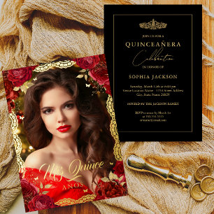 Foto Quinceanera rote Rosen-Gold-Spitze Geburtstag Folieneinladung