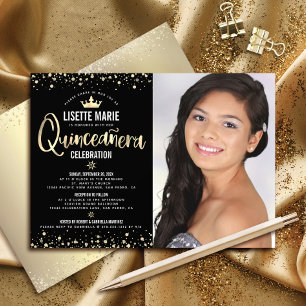 Foto Quinceañera Schwarz Gold Glitter Mädchen-Tiar Einladung