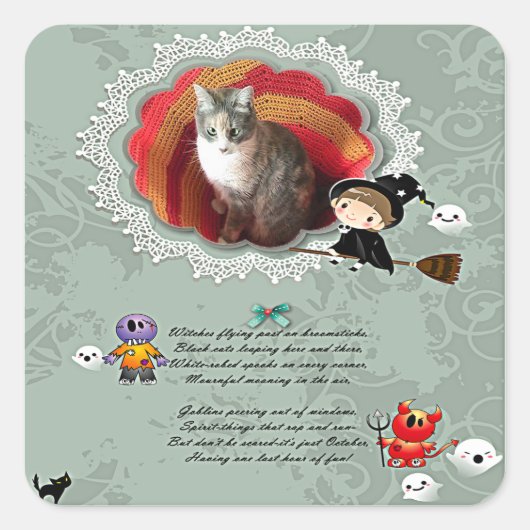Foto Rahmen mit Hexe, Monster, Geist, Katze Quadratischer Aufkleber (Vorderseite)