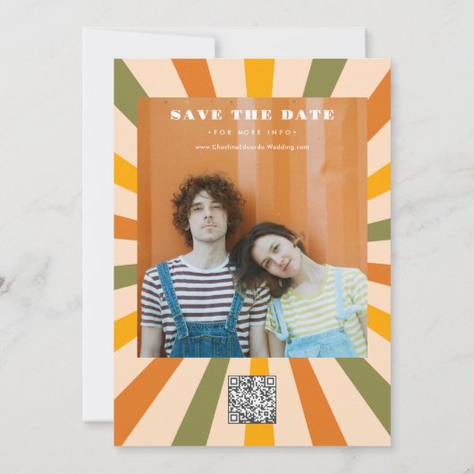 Foto Rainbow Wavy Groovy Save the Date Qr Code (Rückseite)