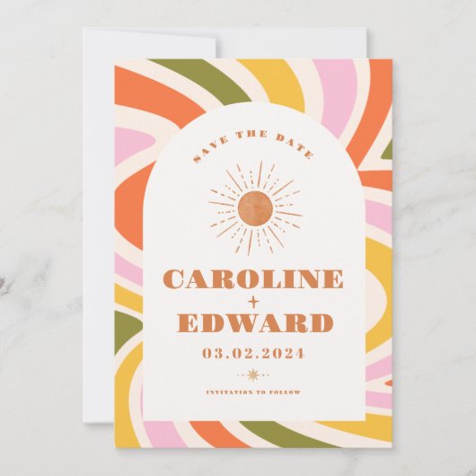 Foto Rainbow Wavy Groovy Save the Date Qr Code (Vorderseite)