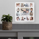 Foto-Raster-Collage für Vaterskriptfamilie Quadratische Wanduhr<br><div class="desc">Ein wunderschönes personalisiertes Geschenk für Ihren Vater, das er noch jahrelang schätzen wird. Mit einem modernen, dreizehn Foto Gitter-Collage-Layout können 13 eigene Erinnerungen für Fotos Ihrer eigenen Familie angezeigt werden. "Vater" entworfen in einem schönen handgeschriebenen schwarzen Skript Stil. Jedes Foto ist mit einem einfachen goldfarbenen Rahmen gerahmt. Einfache schwarze Herzen...</div>