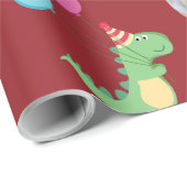 Foto-Ready Niedlich Dinos auf Dunkelrot Geschenkpapier (Rolleneckpunkt)