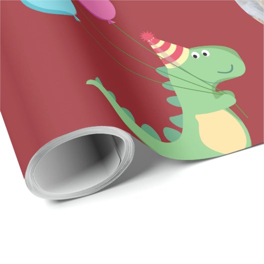 Foto-Ready Niedlich Dinos auf Dunkelrot Geschenkpapier (Rolleneckpunkt)