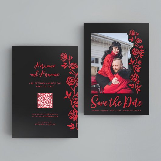 Foto Red Black Hand Drawing Rose QR-Code Website Save The Date