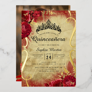Foto Red Floral Scroll Quinceanera Folieneinladung