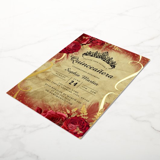 Foto Red Floral Scroll Quinceanera Folieneinladung (Gedreht)