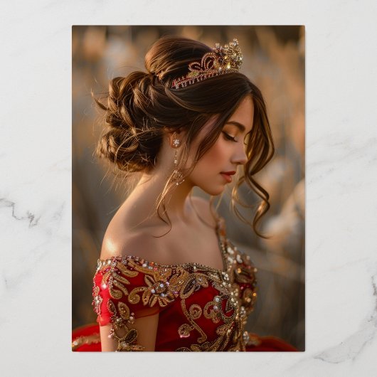 Foto Red Gold Floral Scroll Quinceanera Folieneinladung (Rückseite)