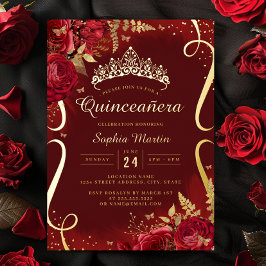 Foto Red Gold Floral Scroll Quinceanera Folieneinladung