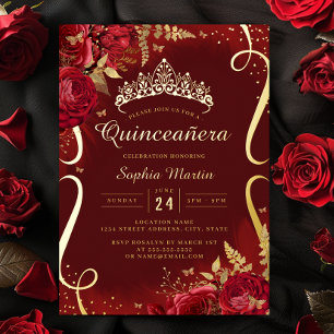 Foto Red Gold Floral Scroll Quinceanera Folieneinladung