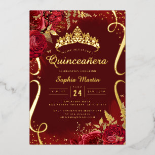 Foto Red Gold Floral Scroll Quinceanera Folieneinladung