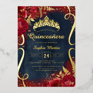 Foto Red Gold Navy Floral Scroll Quinceanera Folieneinladung