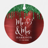 Foto Red Green Glitzer Neuvermählte Weihnachten Ornament Aus Metall (Vorderseite)