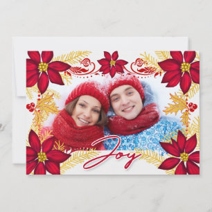 Foto Red Poinsettia Joy and Gold Pine Holiday Car Feiertagskarte
