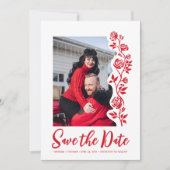 Foto Red White Hand Rose QR-Code Website Save The Date (Vorderseite)