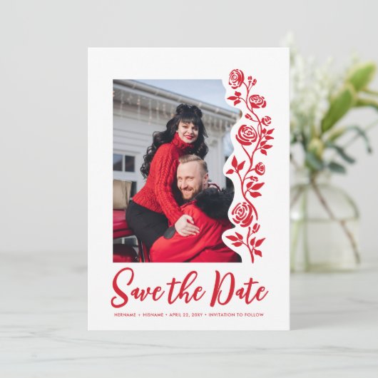 Foto Red White Hand Rose QR-Code Website Save The Date (Stehend Vorderseite)