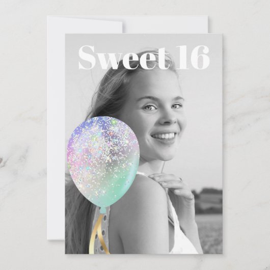 * FOTO Regenbogen Sweet 16 Ballon AP29 Geburtstag Einladung (Vorderseite)