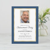 Foto Renten Party | Navy Blue und Gold Einladung (Stehend Vorderseite)