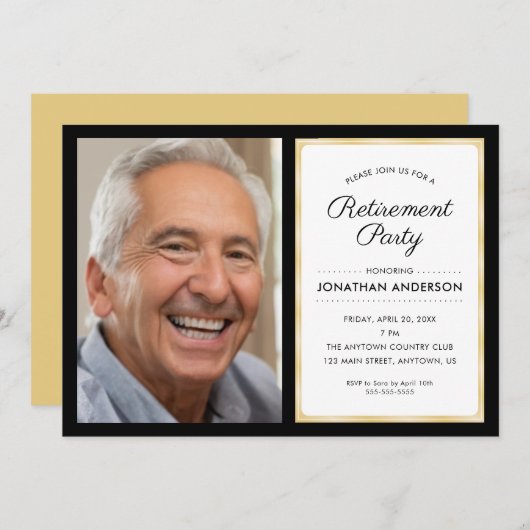 Foto Renten Party | Schwarz und Gold Einladung (Vorne/Hinten)