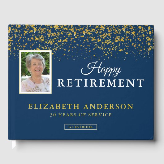 Foto Retirement Party Gäste Blue & Gold Glitzer Gästebuch (Vorderseite)