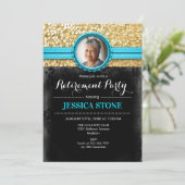 Foto Retirement - Türkis Blue Gold Black Einladung (Stehend Vorderseite)