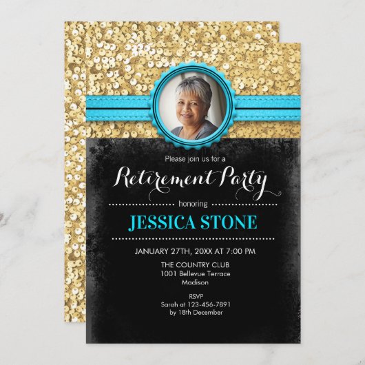 Foto Retirement - Türkis Blue Gold Black Einladung (Vorne/Hinten)