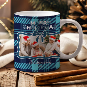 Foto Retro Blau Kariert Whimsical Weihnachten Kaffeetasse