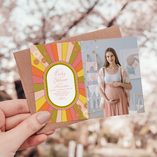 Foto Retro Groovy 70er Jahre Kinderdusche Einladung