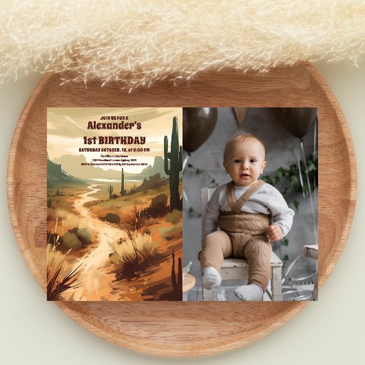 Foto Retro Wüste Kaktus 1. Geburtstag Einladung