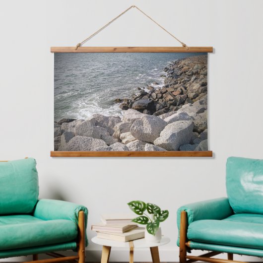 Foto Rocky Ocean Shore Wandteppich Mit Holzrahmen (Wohnzimmer)