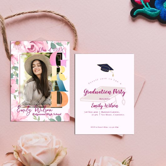 Foto Rosa Bläsernte Graduation Party Mini Einladun Begleitkarte