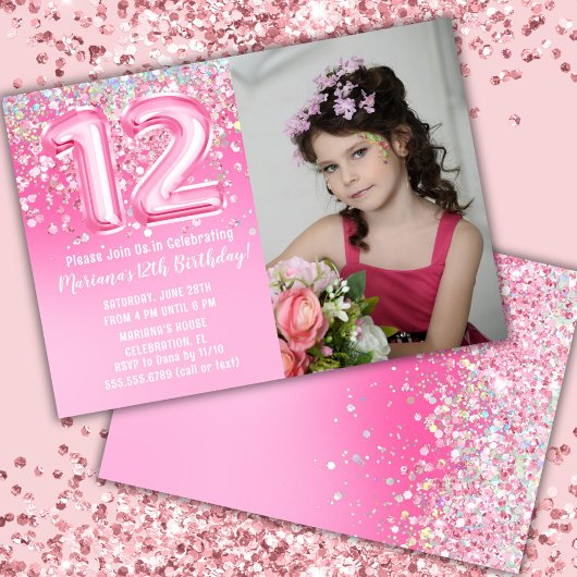 Foto Rosa Glitzer 12. Geburtstag Einladung