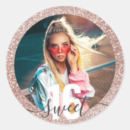 Foto Rosa Glitzer Moderne Süße 16 Geburtstagsklass Runder Aufkleber