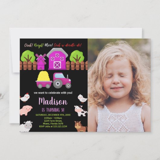 Foto Rosa Grüne Landtiere Geburtstag Einladung (Vorderseite)