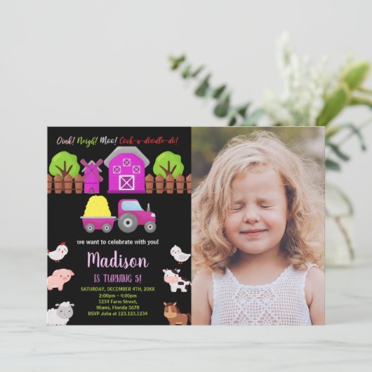 Foto Rosa Grüne Landtiere Geburtstag Einladung (Stehend Vorderseite)