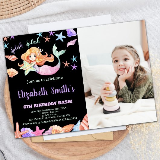 Foto Rosa Lila unter der Meerjungfrau Geburtstag Einladung