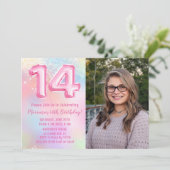 Foto Rosa Regenbogen 14. Geburtstag Einladung (Stehend Vorderseite)