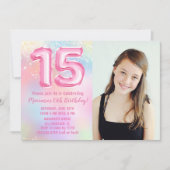 Foto Rosa Regenbogen 15. Geburtstag Einladung (Vorderseite)