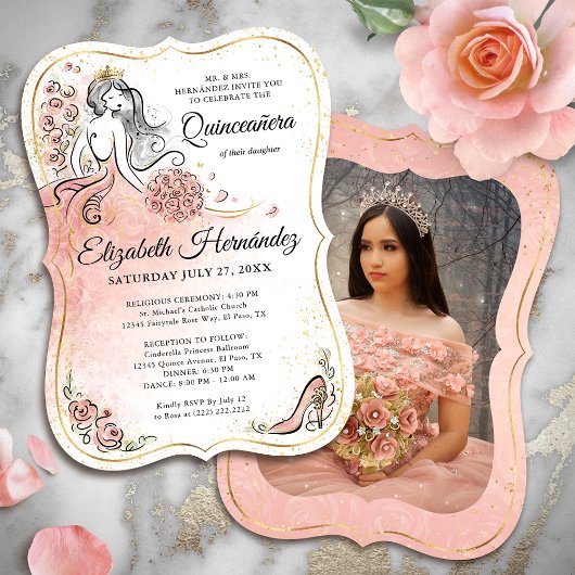 Foto Rosa und Gold Prinzessin Quinceanera Geburtst Einladung