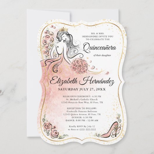 Foto Rosa und Gold Prinzessin Quinceanera Geburtst Einladung (Vorderseite)