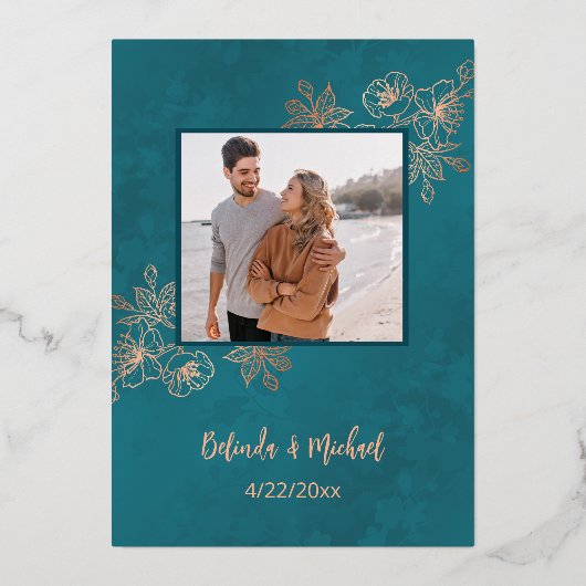 FOTO Rose Gold Aquamarine Blumenhochzeit Folieneinladung (Rückseite)