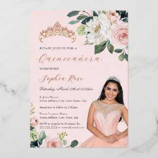 Foto Rose Gold Floral Quinceanera Folieneinladung