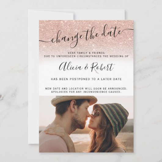 Foto Rose Gold Glitzer Drehbuch ändern Datum Einladung (Vorderseite)