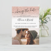 Foto Rose Gold Glitzer Drehbuch ändern Datum Einladung (Stehend Vorderseite)