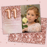 Foto Rose Gold Kids Girl 11. Geburtstagsparty Einladung<br><div class="desc">Foto Rose Gold 11. Geburtstagsfeier Einladung für ein 11-jähriges Mädchen mit elegantem Drehbuch und lustigen Ballons.</div>