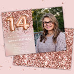 Foto Rose Gold Kids Girl 14. Geburtstagsparty Einladung<br><div class="desc">Foto elegante Rose Gold Geburtstagsfeier Einladung für ein 14-jähriges Mädchen mit elegantem Drehbuch und lustigen Ballons.</div>