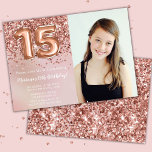 Foto Rose Gold Kids Girl 15. Geburtstagsparty Einladung<br><div class="desc">Foto elegante Rose Gold 15. Geburtstagsfeier Einladung für ein 15-jähriges Mädchen mit elegantem Drehbuch und lustigen Folienballons.</div>