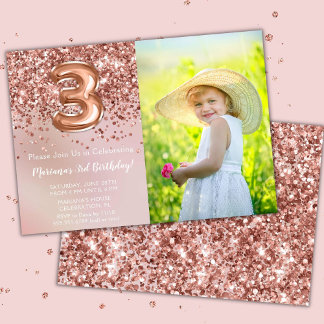 Foto Rose Gold Kids Girl 3. Geburtstag Party Einladung